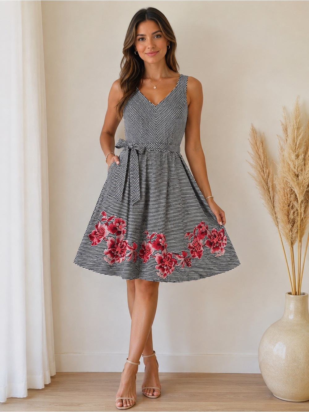 Talbots Black & White Striped V-Neck Dress with Red Floral Hem